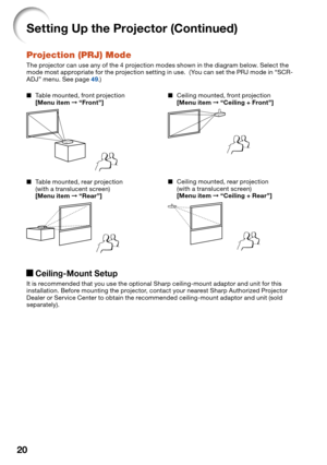 Page 2420
Setting Up the Projector (Continued)
Projection (PRJ) Mode
The projector can use any of the 4 projection modes shown in the diagram below. Select the 
mode most appropriate for the projection setting in use.  ( You can set the PRJ mode in “SCR-
ADJ” menu. See page 
49.)
Table mounted, front projection
[Menu item ➞ “Front”]
Table mounted, rear projection
(with a translucent screen)
[Menu item ➞ “Rear”]
■
■Ceiling mounted, front projection
[Menu item ➞ “Ceiling + Front”]
Ceiling mounted, rear...