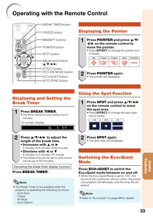 Page 3733
Useful        
Features
Operating with the Remote Control
POINTER button
ECO+QUIET button
Adjustment buttons 
(P/R/O/Q) BREAK TIMER button
SPOT button
AUTO SYNC button FREEZE button
PICTURE MODE button MAGNIFY buttons
EFFECT button
Displaying and Setting the 
Break Timer
1 Press BREAK TIMER.The timer starts to count down from 5 
minutes.
On-screen display
2 Press P/R/O/Q to adjust the 
length of the break time.
Increases with P or Q
5 minutes ➞ 6 minutes ➞ 60 minutesShortens with O or R4 minutes ➞ 3...