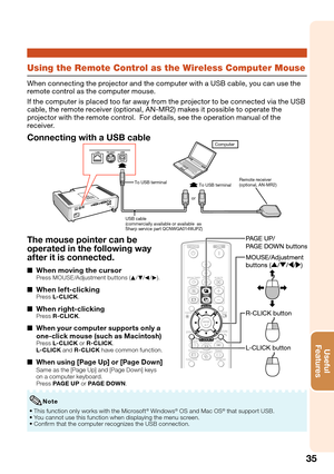 Page 3935
Useful        
Features
Using the Remote Control as the Wireless Computer Mouse
When connecting the projector and the computer with a USB cable, you can use the 
remote control as the computer mouse.
If the computer is placed too far away from the projector to be connected via the USB 
cable, the remote receiver (optional, AN-MR2) makes it possible to operate the 
projector with the remote control.  For details, see the operation manual of the 
receiver.
Connecting with a USB cable
or
Remote receiver...