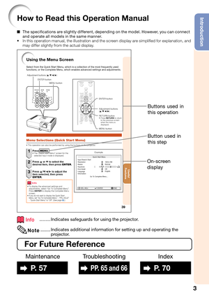 Page 73
IntroductionHow to Read this Operation Manual
The speciﬁ cations are slightly different, depending on the model. However, you can connect 
and operate all models in the same manner.
In this operation manual, the illustration and the screen display are simpli ed for explanation, and 
may differ slightly from the actual display.
39
Useful        
Features
Adjustment buttons 
(P/R/O/Q) ENTER button
RETURN button
Press RETURN to return 
to the previous screen 
when the menu is 
displayed. 
MENU button...