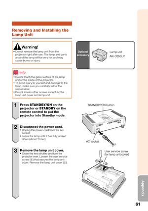 Page 6561
Appendix
Removing and Installing the 
Lamp Unit
Warning!
Do not remove the lamp unit from the 
projector right after use. The lamp and parts 
around the lamp will be very hot and may 
cause burns or injury. 
Info
Do not touch the glass surface of the lamp 
unit or the inside of the projector. 
To avoid injury to yourself and damage to the 
lamp, make sure you carefully follow the 
steps below.
Do not loosen other screws except for the 
lamp unit cover and lamp unit. 


1 Press STANDBY/ON on the...