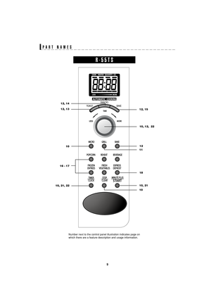 Page 119
SEC R55TS
TINSEA983WRRZ-D32 SEC R55TS
PART NAMES
Number next to the control panel illustration indicates page on
which there are a feature description and usage information.
R-55TS
10, 21, 22
10 16 - 171012
11 12, 13 12, 14
12, 15
10, 12,  22
10, 21
18 