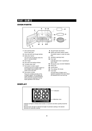 Page 108
SEC R55TS
TINSEA983WRRZ-D32 SEC R55TS
PART NAMES
1Door opening button
Push to open door.
2Oven door with see-through window
3Safety door latches
The oven will not operate unless the
door is  securely closed.
4Door hinges
5Door seals and sealing surfaces
6Turntable motor shaft
7Removable turntable support
Carefully place the turntable support on
the turntable motor shaft(6) in the
center of the oven floor.
8Removable turntable
Place the turntable securely on the
turntable support. The turntable will...