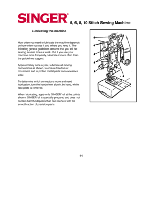 Page 445, 6, 8, 10 Stitch Sewing Machine 
Lubricating the machine 
  
How often you need to lubricate the machine depends 
on how often you use it and where you keep it. The 
following general guidelines assume that you will be 
sewing several times a week. But it you use your 
machine more frequently, lubricate it more often than 
the guidelines suggest.
 
  
Approximately once a year, lubricate all moving 
connections as shown, to ensure freedom of 
movement and to protect metal parts from excessive 
wear....