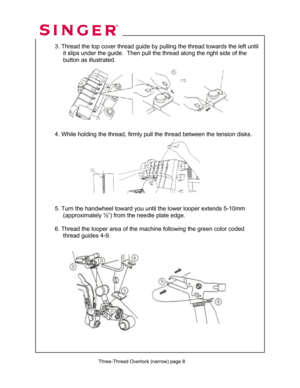 Page 55 
  3. Thread the top cover thread guide by pulling the thread towards the left until 
       it slips under the guide.  Then pull the thread along the right side of the  
       button as illustrated.  
 
 
 
 
 
 
 
 
 
 
  4. While holding the thread, firmly pull the thread between the tension disks. 
 
 
  
 
 
 
 
 
 
 
 5. Turn the handwheel toward you until the lower looper extends 5-10mm  
       (approximately ½”) from the needle plate edge.   
 
  6. Thread the looper area of the machine...