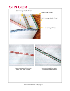 Page 93 
 
Three-Thread Flatlock (wide) page 3  
 
            Decorative Ladder Effect (wide)                                Decorative Loop Effect (wide) 
              Fabric Right Sides Together                                    Fabric Wrong Sides Together 
Right Overedge Needle Thread 
 
Left Overedge Needle Thread 
 
Lower Looper Thread 
Upper Looper Thread  