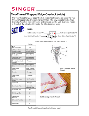 Page 101 
  
Two-Thread Wrapped Edge Overlock (wide) 
     Needle
:      
  
 
 
 
   
 
 
 
 
 
 
 
 
 
      
 
                         
 
 
 
 
 
 
 
 
                                 
 
 
 
 
 
 
 
 
ATD: 
Auto Tension Dial  
           “D” 
Left Cover Stitch 
Needle (Orange) Unthreaded and 
Remove Needle 
Middle Cover Stitch 
Needle (Blue) Unthreaded and 
Remove Needle 
Right Cover Stitch 
Needle (Green) Unthreaded and 
Remove Needle 
Overedge Left Needle 
(Orange)      Threaded 
Overedge Right Needle...