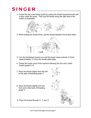 Page 112 
   
 Two-Thread Overedge (narrow) page 7
 
 
  
  3. Thread the top cover thread guide by pu lling the thread towards the left until    
                it slips under the guide.  Then pull the thread along the right side of the  
       button as illustrated.  
 
 
 
 
 
 
 
  4. While holding the thread firmly,  pull the thread between the tension disks. 
 
 
  
 
 
 
 
 
 
   
  5. Turn the handwheel toward you unt il the lower looper extends 5-10mm  
       (approximately ½”) from the needl e plate...