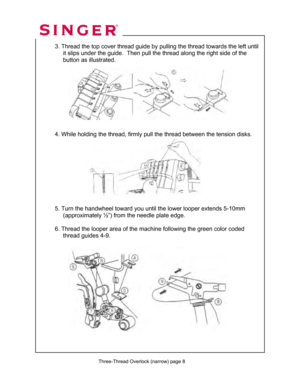 Page 129 
  3. Thread the top cover thread guide by pulling the thread towards the left until 
       it slips under the guide.  Then pu ll the thread along the right side of the  
       button as illustrated.  
 
 
 
 
 
 
 
 
 
 
  4. While holding the thread, firmly  pull the thread between the tension disks. 
 
 
  
 
 
 
 
 
 
 
  5. Turn the handwheel toward you unt il the lower looper extends 5-10mm  
       (approximately ½”) from the needl e plate edge.   
 
  6. Thread the looper area of the ma chine...