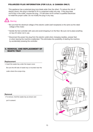 Page 1432
1
This appliance has a polarized plug (one blade wider than the other). To reduce the risk of
electric shock, this plug is intended to fit in a polarized outlet only way. If the plug does
not fit fully in the outlet, reverse the plug. If it still does not fit contact a qualified electrician
to install the proper outlet. Do not modify the plug in any way.
13
Insert the waste tray under the looper cover.
Be sure the left side of waste tray is mounted near the
cutter where the scraps drop.
* Be sure that...