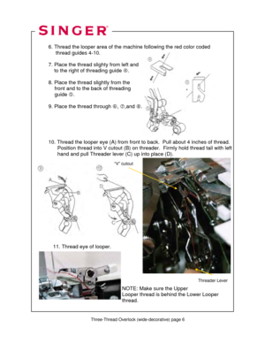 Page 146 
 
  6. Thread the looper area of the mach ine following the red color coded  
       thread guides 4-10.  
 
  7. Place the thread slighty from left and  
      to the ri ght of threading guide  f. 
 
  8. Place the thread slightly from the  
               fr ont and to the back of threading 
               guide  g. 
 
  9. Place the thread through  h, i ,and  j. 
 
 
  
 
 
  10. Thread the looper eye (A) from front  to back.  Pull about 4 inches of thread. 
                 Position thread into V...