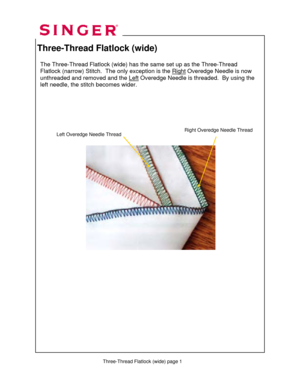 Page 165 
  
Three-Thread Flatlock (wide) 
 
 
 
 
 
 
 
 
 
 
 
 
 
 
 
 
      
 
 
 
 
 
 
 
 
 
 
             
 
 
 
 
 
 
Three-Thread Flatlock (wide) page 1 
The Three-Thread Flatlock (wide) has the same set up as the Three-Thread 
Flatlock (narrow) Stitch.  The only exception is the Right
 Overedge Needle is now 
unthreaded and removed and the Left
 Overedge Needle is threaded.  By using the 
left needle, the stitch becomes wider.   
Right Overedge Needle Thread 
 Left Overedge Needle Thread  
