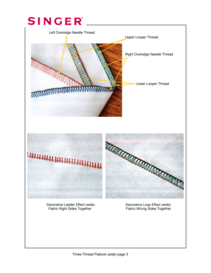 Page 167 
 Three-Thread Flatlock (wide) page 3  
 
            Decorative Ladder Effect (wide)                                Decorative Loop Effect (wide) 
              Fabric Right Sides Together                                    Fabric Wrong Sides Together 
Right Overedge Needle Thread 
 
Left Overedge Needle Thread 
 
Lower Looper Thread 
Upper Looper Thread  