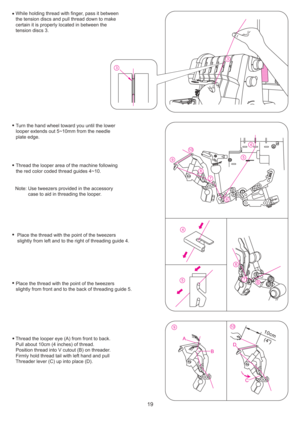 Page 20C
10
B
A
9
D
5 8
7
4
6
9
7
8
6
10
54
3
3
19
Thread the looper eye (A) from front to back.
Pull about 10cm (4 inches) of thread.
Position thread into V cutout (B) on threader.
Firmly hold thread tail with left hand and pull
Threader lever (C) up into place (D). Turn the hand wheel toward you until the lower
looper extends out 5~10mm from the needle
plate edge.
Thread the looper area of the machine following the red color coded thread guides 4~10.
Note: Use tweezers provided in the accessory case to aid in...