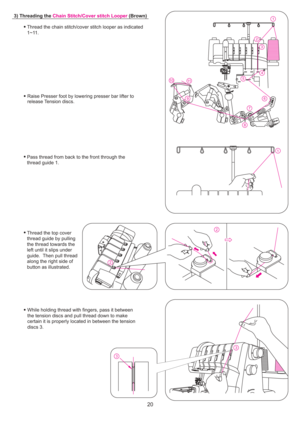 Page 2133
9
10
11
81
7
5
6
4
3
2 1
2 2
3) Threading the
(Brown)
Chain Stitch/Cover stitch Looper
20
While holding thread with fingers, pass it between
the tension discs and pull thread down to make
certain it is properly located in between the tension
discs 3.
Thread the chain stitch/cover stitch looper as indicated
1~11.
Thread the top cover
thread guide by pulling
the thread towards the
left until it slips under
guide. Then pull thread
along the right side of
button as illustrated. Pass thread from back to...