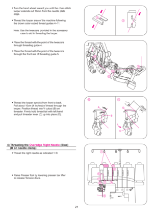 Page 2292
7 5
8
6
43
1
10 11
8
7
9
6
4
5
C
A
BD
21
Thread the right needle as indicated 1~9.Turn the hand wheel toward you until the chain stitch
looper extends out 10mm from the needle plate
edge.
Thread the looper area of the machine following
the brown color-coded thread guides 4~11.
Place the thread with the point of the tweezers
through threading guide 4.
Place the thread with the point of the tweezers
through the front slot of threading guide 5.
Thread the looper eye (A) from front to back.
Pull about...