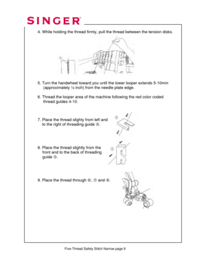 Page 242 
   
  
 4. While holding the thread firmly, pu ll the thread between the tension disks. 
 
 
  
 
 
 
 
 
 
   
  5. Turn the handwheel toward you unt il the lower looper extends 5-10mm  
       (approximately ½ inch ) from the needle plate edge.  
 
  6. Thread the looper area of the mach ine following the red color coded  
       thread guides 4-10.  
 
 
 
  7. Place the thread slighty from left and  
      to the ri ght of threading guide  f. 
 
 
 
 
  8. Place the thread slightly from the...