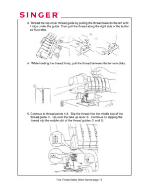 Page 248 
  
  3. Thread the top cover thread guide by pulling the thread towards the left until  
              it slips under the guide. T hen pull the thread along the right side of the button   
              as illustrated. 
 
  
 
 
 
 
 
 
  
  4.  While holding the thread firmly, pu ll the thread between the tension disks.   
 
 
 
 
 
 
  
 
 
 
 
  
 
 
  5. Continue to thread point s 4-8.  Slip the thread into the middle slot of the  
      thread guide  g.  Go over the take up lever  h.  Continue by...