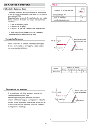 Page 35239
Si la tensión del hilo de la aguja en el punto de
cadeneta es demasiado baja:
-Mover la palanca (azul) de ajuste fino de la
tensión del hilo de la aguja a una posición más alta.
-O bien mover la palanca (marrón) de ajuste fino de
la tensión del hilo del garfio del punto de cadeneta
a una posición más baja.
Poner el selector de tensión automática en la pos.
D como se muestra en la imagen y probar a coser
con una muestra del tejido.
C R
2~4
ATD:D
La tensión se ajusta automáticamente al seleccionar
el...