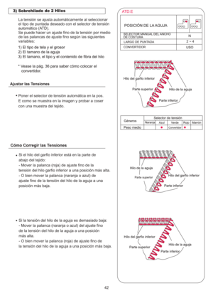 Page 35542
Poner el selector de tensión automática en la pos.
E como se muestra en la imagen y probar a coser
con una muestra del tejido.Si el hilo del garfio inferior está en la parte de
abajo del tejido:
- Mover la palanca (roja) de ajuste fino de la
tensión del hilo garfio inferior a una posición más alta.
- O bien mover la palanca (naranja o azul) de
ajuste fino de la tensión del hilo de la aguja a una
posición más baja.
Si la tensión del hilo de la aguja es demasiado baja:
- Mover la palanca (naranja o...