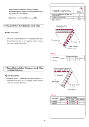 Page 36956
Poner el selector de tensión automática en la pos.
E como se muestra en la imagen y probar a coser
con una muestra del tejido.
Poner el selector de tensión automática en la pos.
D como se muestra en la imagen y probar a coser
con una muestra del tejido.
R
1~2
ATD:D ATD:E 