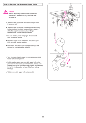 Page 66b
d
0.5~1mm
b
c
a
65
The mov able upper knife should be changed when
it becomes dull.
e
The mov able upper knife can be replaced according e
to the directions provided, however if there are any
difficulties experienced, consult your Singer
representative to make the replacement.
Be sure that the power line plug is disconnected
from the electric source.
Open the looper cover and set the mov able upper
knife (a) in the working position. e
Loosen the mov able upper knife set screw (b) and
remove the mov...