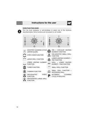 Page 14Instructions for the user
16
OVEN FUNCTION KNOB
Turn the knob clockwise or anti-clockwise to select one of the functions
described below. Some functions are not present on all models.
ASSISTED CLEANING CYCLE
(VAPOR CLEAN)FAN + CIRCULAR HEATING
ELEMENT FUNCTION
STATIC OVEN FUNCTIONFAN-ASSISTED SMALL GRILL
FUNCTION
LARGE GRILL FUNCTIONLOWER HEATING ELEMENT +
FAN FUNCTION
LOWER HEATING ELEMENT
FUNCTIONGRILL + LOWER HEATING
ELEMENT + FAN FUNCTION
TURBO FUNCTION SMALL GRILL FUNCTION
THAWING FUNCTIONSMALL...