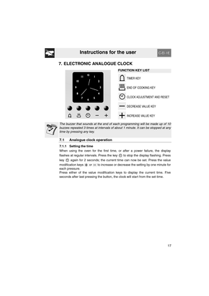 Page 15Instructions for the user
17
7. ELECTRONIC ANALOGUE CLOCK
FUNCTION KEY LIST
 TIMER KEY
 END OF COOKING KEY
 CLOCK ADJUSTMENT AND RESET
 DECREASE VALUE KEY
 INCREASE VALUE KEY
The buzzer that sounds at the end of each programming will be made up of 10
buzzes repeated 3 times at intervals of about 1 minute. It can be stopped at any
time by pressing any key.
7.1 Analogue clock operation
7.1.1 Setting the time
When using the oven for the first time, or after a power failure, the display
flashes at regular...