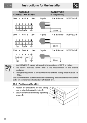 Page 46Instructions for the installer
98
POSSIBLE 
CONNECTION TYPESCABLE TYPE
(if not present)
380 - 415 V 3N~5-pole5 x 1.5 mm² H05V2V2-F
380 - 415 V 2N~4-pole4 x 1.5 mm² H05V2V2-F
220 - 240 V 1N~3-pole3 x 2.5 mm² H05V2V2-F
 Use H05V2V2-F cables withstanding temperatures of 90°C or higher.
 The values indicated above refer to the cross-section of the internal
conductor.
 The tightening torque of the screws of the terminal supply wires must be 1.5
- 2 Nm.
The aforementioned power cables are sized taking into...