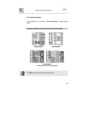 Page 33User instructions

3.4 Using the baskets
The dishwasher has a capacity of 12 place-settings
, including serving
dishes.
EN 50242 STANDARD LOADS FOR CERTIFICATION BODIES
LOWER BASKET UPPER BASKET
UPPER BASKET
for AAA models only (see energy label)
Theupper basket must be set in the low position.
 
