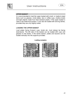 Page 33 
User instructions   
 
 
31   
UPPER BASKET It is recommended to load the upper basket with small- or medium-sized 
items such as glasses, small plates, tea or coffee cups, shallow bowls 
and light objects made from heat resistant plastic. If the upper basket is 
used in the lowermost position, it can also be loaded with serving dishes, 
provided they are only slightly soiled.  
 
 
 
LOADING THE UPPER BASKET 
 Load plates facing forward; cups, bowls etc. must always be facing 
downwards. The left side...