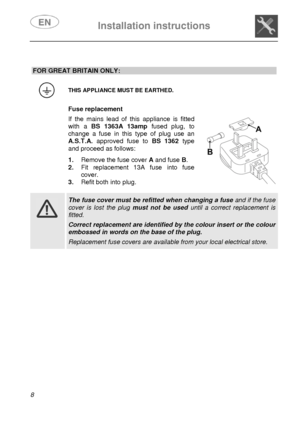 Page 10 Installation instructions    
 
8  
 
 
 
 
 
 
 
 
 
 
 
 
 
 
 
 
 
 
 
 
 
FOR GREAT BRITAIN ONLY:
 
 THIS APPLIANCE MUST BE EARTHED. 
  Fuse replacement If the mains lead of this appliance is fitted 
with a BS 1363A 13amp fused plug, to 
change a fuse in this type of plug use an 
A.S.T.A. approved fuse to BS 1362 type 
and proceed as follows:  1. Remove the fuse cover A and fuse B. 
2. Fit replacement 13A fuse into fuse 
cover. 
3. Refit both into plug. 
   
 
  
 
 The fuse cover must be refitted...