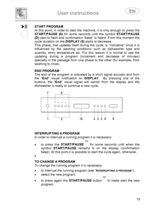 Page 17 
User instructions   
 
 
15 
 START PROGRAM
At this point, in order to start the machine, it is only enough to press the 
START/PAUSE (6) for some seconds until the symbol START/PAUSE 
(D) start to flash and confirmation “beep” is heard. From this moment the 
cycle duration on the DISPLAY (9) starts to decrease. 
This phase, that updates itself during the cycle, is “indicative” since it is 
influenced by the washing conditions such as dishwasher type and 
quantity, entry temperature etc. For this...