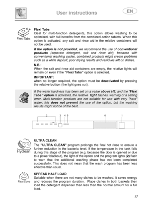 Page 19 
 
User instructions   
 
 17  
 
Flexi Tabs 
Ideal  for  multi-function  detergents,  this  option  allows  washing  to  be 
optimised,  with  full  benefits  from  the  combined-act ion  tablets. When  this 
option  is  activated,  any  salt  and  rinse  aid  in  the  relative  containers  will 
not be used. 
 If  the  option is  not  provided ,  we  recommend  the  use  of conventional 
products   (separate  detergent,  salt  and  rinse  aid),  because  with 
conventional  washing  cycles,  combined...