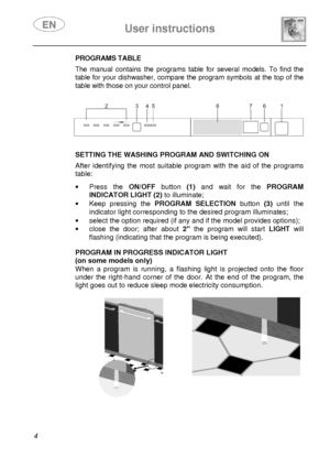 Page 6 
 
User instructions   
  4 
PROGRAMS TABLE  The  manual  contains  the  programs  table  for  several  models.  To  find  the 
table for your dishwasher, compare the program symb ols at the top of the 
table with those on your control panel.  
   
    
SETTING THE WASHING PROGRAM AND SWITCHING ON  After  identifying  the  most  suitable  program  with  th e  aid  of  the  programs 
table: 
 ·   Press  the  ON/OFF button  (1)  and  wait  for  the  PROGRAM 
INDICATOR LIGHT (2)  to illuminate; 
·   Keep...