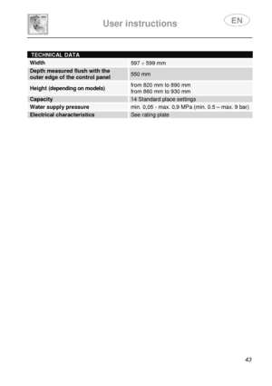 Page 45 
 
User instructions   
 
 43 
  
TECHNICAL DATA 
Width 597 ¸ 599 mm 
Depth measured flush with the  outer edge of the control panel 550 mm 
Height (depending on models) from 820 mm to 890 mm from 860 mm to 930 mm 
Capacity 14 Standard place settings 
Water supply pressure min. 0,05 - max. 0,9 MPa (min. 0.5 – max. 9 bar) 
Electrical characteristics See rating plate 
    
   