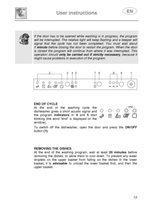 Page 14 
 
User instructions   
 
 
13  
 
 
 
 
 
 
 
 
 
 
 
 
 
 
 
  
 
If the door has to be opened while washing is in progress, the program 
will be interrupted. The relative light will keep flashing and a beeper will 
signal that the cycle has not been completed. You must wait about  
1 minute before closing the door to restart the program. When the door 
is closed the program will continue from where it was interrupted. This 
operation should only be carried out if strictly necessary, because it 
might...