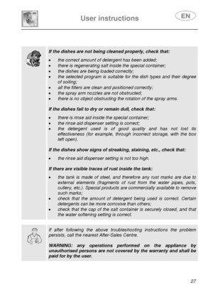 Page 28 
 
User instructions   
 
 
27  
 
 
 
 
  
 If the dishes are not being cleaned properly, check that:  
• the correct amount of detergent has been added; 
• there is regenerating salt inside the special container; 
• the dishes are being loaded correctly; 
• the selected program is suitable for the dish types and their degree 
of soiling; 
• all the filters are clean and positioned correctly; 
• the spray arm nozzles are not obstructed; 
• there is no object obstructing the rotation of the spray arms....