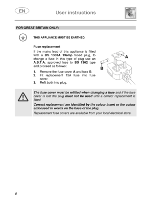 Page 9 
 
User instructions   
 
8  FOR GREAT BRITAIN ONLY: 
 
 THIS APPLIANCE MUST BE EARTHED. 
  Fuse replacement  If the mains lead of this appliance is fitted 
with a BS 1363A 13ampfused plug, to 
change a fuse in this type of plug use an 
A.S.T.A. approved fuse to BS 1362type 
and proceed as follows:  1. Remove the fuse cover A and fuse B. 
2. Fit replacement 13A fuse into fuse 
cover. 
3. Refit both into plug. 
   
   
 
 The fuse cover must be refitted when changing a fuse and if the fuse 
cover is lost...