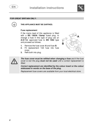 Page 10 
 
Installation instructions   
 
8  
 
 
 
 
 
 
 
 
 
FOR GREAT BRITAIN ONLY: 
 
 THIS APPLIANCE MUST BE EARTHED. 
  Fuse replacement  If the mains lead of this appliance is fitted 
with a BS 1363A 13ampfused plug, to 
change a fuse in this type of plug use an 
A.S.T.A. approved fuse to BS 1362type 
and proceed as follows:  1. Remove the fuse cover A and fuse B. 
2. Fit replacement 13A fuse into fuse 
cover. 
3. Refit both into plug. 
   
   
 
 The fuse cover must be refitted when changing a fuse and...