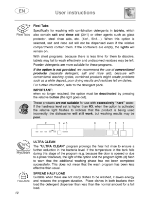 Page 12 
 
User instructions   
  
10 
 
Flexi Tabs  Specifically  for  washing  with  combination  detergent s  in tablets ,  which 
also  contain  salt  and  rinse  aid   (3in1)  or  other  agents  such  as  glass 
protector,  steel  rinse  aids,  etc.  (4in1,  5in1…).  Wh en  this  option  is 
selected,  salt  and  rinse  aid  will  not  be  dispensed  even  if  the  relative 
compartments  contain  them.  If  the  containers  are  em pty,  the lights  will 
remain  on. 
 With  short  programs,  because...