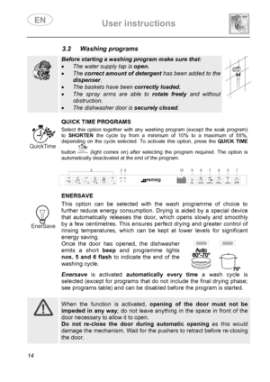 Page 16 User instructions    
 
14                  3.2 Washing programs   
  
Before starting a washing program make sure that: 
• The water supply tap is open. 
• The correct amount of detergent has been added to the 
dispenser. 
• The baskets have been correctly loaded. 
• The spray arms are able to rotate freely and without 
obstruction. 
• The dishwasher door is securely closed.   
 
 QUICK TIME PROGRAMS Select this option together with any washing program (except the soak program) 
to SHORTEN the cycle by...