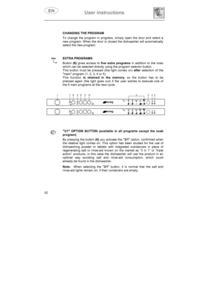 Page 17User instructions 
52CHANGING THE PROGRAM 
To change the program in progress, simply open the door and select a 
new program. When the door is closed the dishwasher will automatically 
select the new program.
EXTRA PROGRAMS 
Button (6) gives access to five extra programs in addition to the ones 
which can be selected directly using the program selector button. 
This button must be pressed (the light comes on) after selection of the 
main program (1, 2, 3, 4 or 5). 
This function is retained in the...