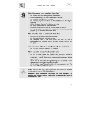 Page 32User instructions 
67
If the dishes do not come out clean, check that: 
xthe correct amount of detergent has been added; 
xthere is regenerating salt inside the special container; 
xthe dishes are being loaded correctly; 
xthe selected program is suitable for the dish types and their degree 
of soiling; 
xall the filters are clean and positioned correctly; 
xthe spray arm nozzles are not obstructed; 
xthere is no object obstructing the rotation of the spray arms;
xthe detergent dispenser hatch has not...