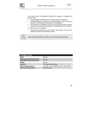 Page 34User instructions 
69
If an alarm occurs the appliance interrupts the program in progress and 
signals a fault. 
xAlarmsE3, E4 and E9 interrupt the current program immediately. 
xTheE5,E6 alarms interrupts the running program once the cause is 
resolved, it will bring bach the execution of the program.
xThe alarm E7 is visualized at the end of the cycle that comes, however, 
brought to the end since the operation of the dishwasher is not harmed.
To “reset” an alarm is necessary: 
xOpen and close the...