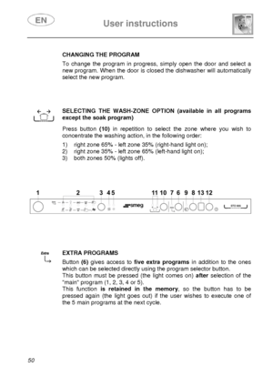 Page 15 
 
User instructions   
 
50   
 CHANGING THE PROGRAM  To change the program in progress, simply open the door and select a 
new program. When the door is closed the dishwasher will automatically 
select the new program.
 
 
 
 
 
 
SELECTING THE WASH-ZONE OPTION (available in all programs 
except the soak program) 
 
 
 Press button (10) in repetition to select the zone where you wish to 
concentrate the washing action, in the following order: 
 1)  right zone 65% - left zone 35% (right-hand light on);...