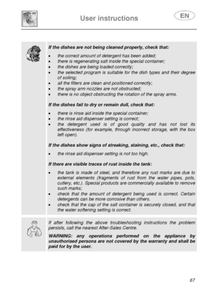 Page 32 
 
User instructions   
 
 
67  
 
 
  
  
 If the dishes are not being cleaned properly, check that:  
• the correct amount of detergent has been added; 
• there is regenerating salt inside the special container; 
• the dishes are being loaded correctly; 
• the selected program is suitable for the dish types and their degree 
of soiling; 
• all the filters are clean and positioned correctly; 
• the spray arm nozzles are not obstructed; 
• there is no object obstructing the rotation of the spray arms....