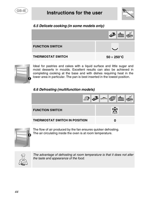 Page 18
 
 
Instructions for the user 
 
44 
6.5  Delicate cooking (in some models only)   
       FUNCTION SWITCH 
 
   THERMOSTAT SWITCH  
 
50  ÷ 250°C   
 
Ideal for pastries and cakes with a liquid surface and little sugar and 
moist desserts in moulds. Excellent results can also be achieved in 
completing cooking at the base and with dishes requiring heat in the 
lower area in particular. The pan is bes t inserted in the lowest position. 
 
6.6 Defrosting (multi function models)   
          FUNCTION...