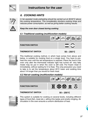 Page 14
 
Instructions for the user  
  
6. COOKING HINTS  In fan-assisted mode preheating s hould be carried out at 30/40°C above  
the cooking temperature. This consi derably shortens cooking times and 
reduces power consumption, as well  as giving better cooking results.    Keep the oven door closed during cooking  
  
6.1 Traditional cooking (multifunction models)  
          FUNCTION SWITCH 
 
      
50  ÷ 250°C THERMOSTAT SWITCH    This traditional cooking method, in which heat comes from above and...