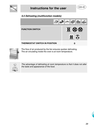 Page 16
 
Instructions for the user  
  
6.5 Defrosting (multif unction models)   
          FUNCTION SWITCH 
 
      
      
0 THERMOSTAT SWITCH IN POSITION    
The flow of air produced by the  fan ensures quicker defrosting. 
The air circulating inside the oven is at room temperature. 
    The advantage of defrosting at room te mperature is that it does not alter 
the taste and appearance of the food. 
  
 
39  